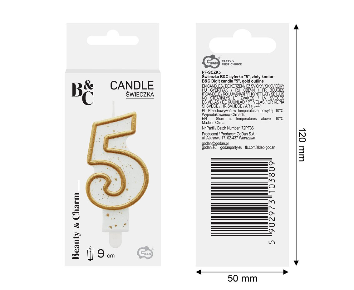 Digit candle "5", gold outline, 8 cm